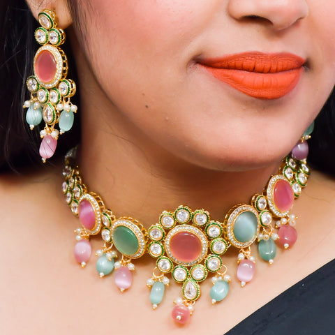 Designer Gold Plated Royal Kundan With Green Color Necklace & Earrings (D615)