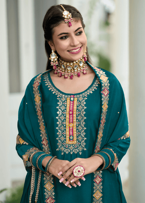 Designer Teal Green Color Suit with Plazzo & Dupatta in Chinon (D1003)