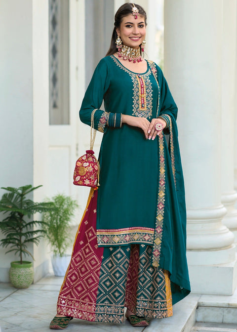 Designer Teal Green Color Suit with Plazzo & Dupatta in Chinon (D1003)