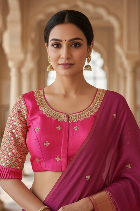 Pretty Pink Designer Silk Embroidered Blouse For Wedding & Party Wear (Design 435)