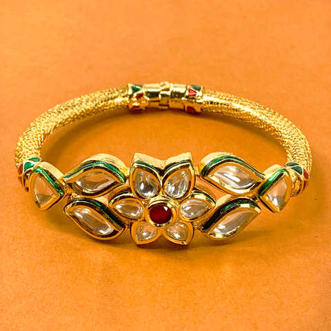 Gold Plated Kundan Openable Bracelet (Design 7) - PAAIE