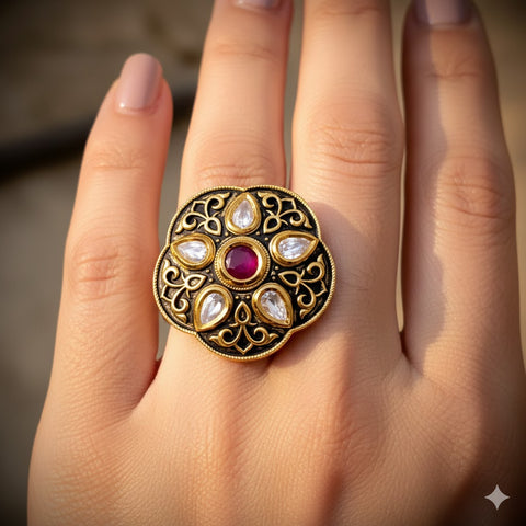Large Black Kundan Adjustable Ring (Design O5)