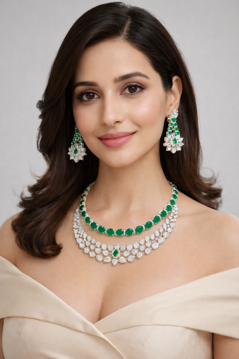 Designer American Diamond Silver Plated Necklace with Earrings (D1145)