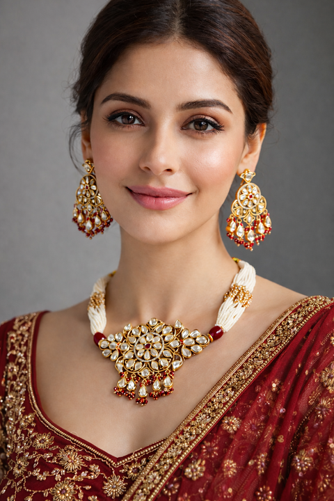 Designer Gold Plated Kundan Choker Style Necklace with Earrings (D850)