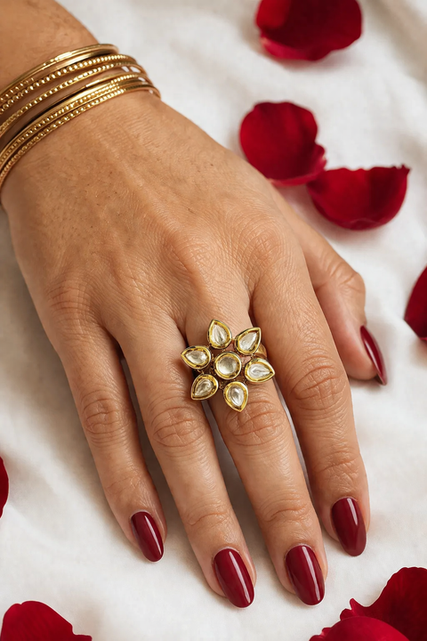 Designer Gold Plated White Royal Kundan Beaded Adjustable Ring (Design 174)