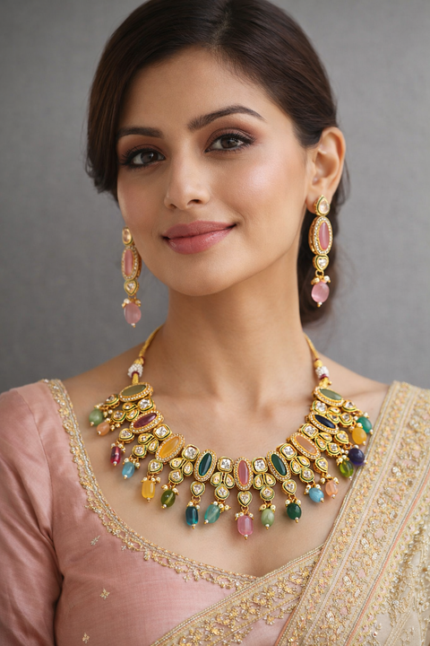 Designer Gold Plated Royal Kundan Multi Color Necklace & Earrings (D1124)