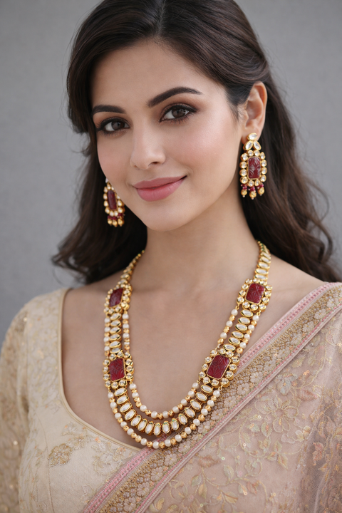 Designer Gold Plated Royal Kundan Necklace with Earrings (D382)
