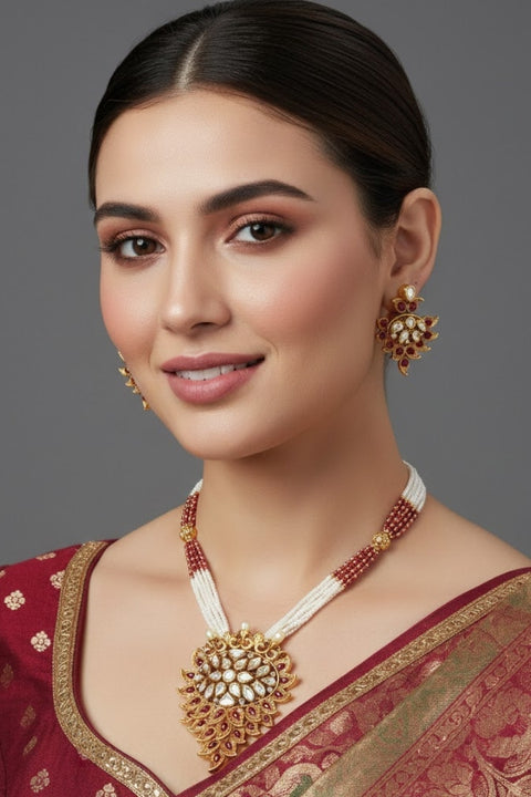 Designer Gold Plated Royal Kundan Ruby Pendant Set (D279)