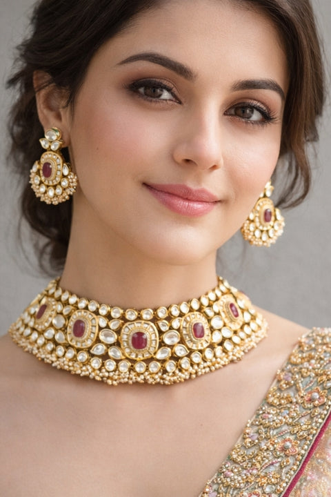 Designer Gold Plated Royal Kundan & Choker Style Necklace with Earrings (D351)