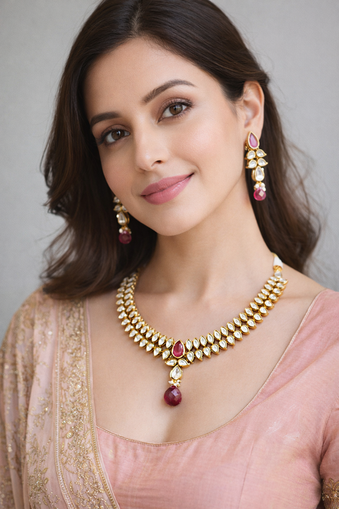 Designer Gold Plated  Royal Kundan & Ruby Necklace with Earrings (D366)