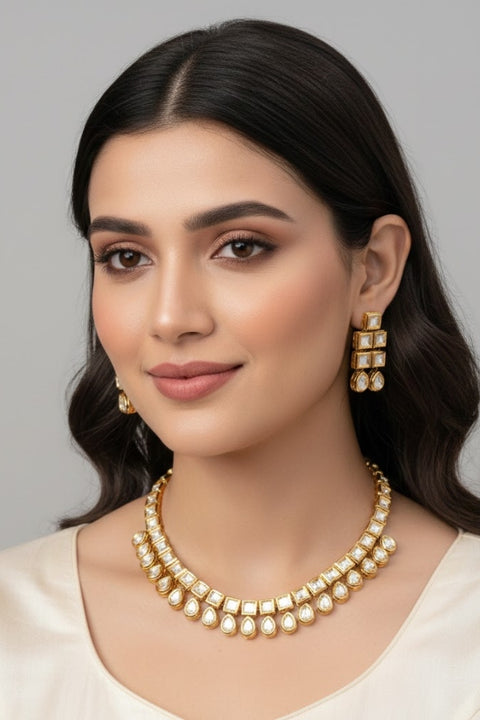 Designer Gold Plated White Kundan Set (D140)