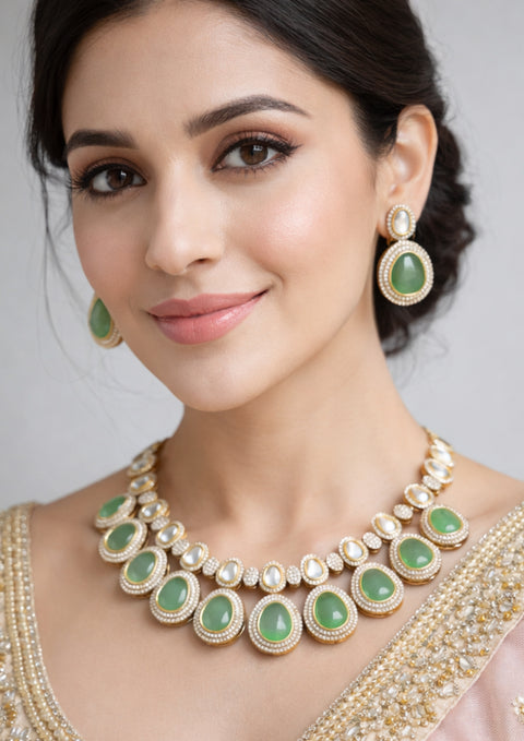 Designer Semi-Precious American Diamond & Mint Green Necklace with Earrings (D476)