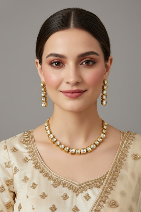 Designer Single Layer White Kundan Necklace with Earrings (D175)