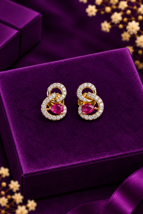18k S-curved Shaped Ruby Diamond Studs (D33)