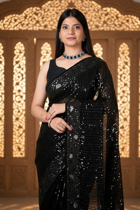 Designer Black Sequins & Thread Work Georgette Saree for Party Wear (D879)
