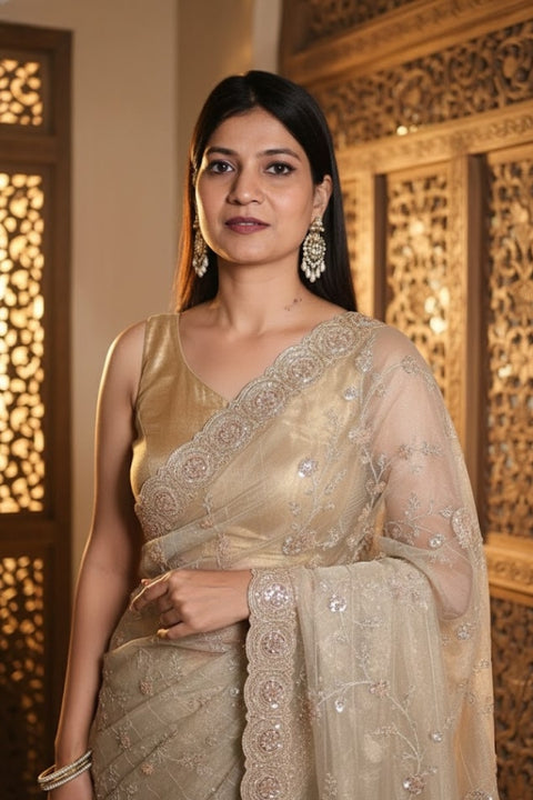 Vibrant Cream Tissue Silk Saree with Nalki Work – Perfect for Weddings & Festive Parties (D908)