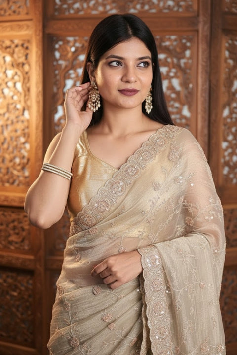 Vibrant Cream Tissue Silk Saree with Nalki Work – Perfect for Weddings & Festive Parties (D908)