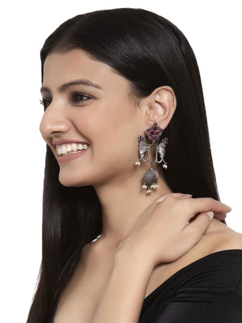 Traditional Style Oxidized Earrings With Magenta Color Beads for Casual Party (E732)