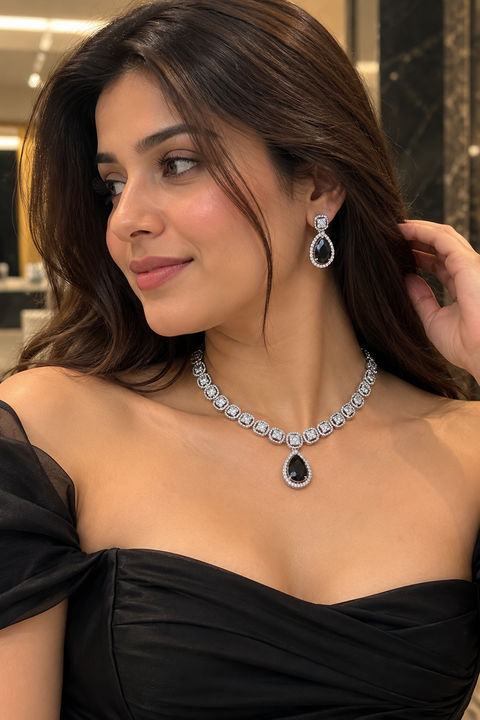 Designer American Diamond Silver Black With Studs Necklace Set (D918-SBl)