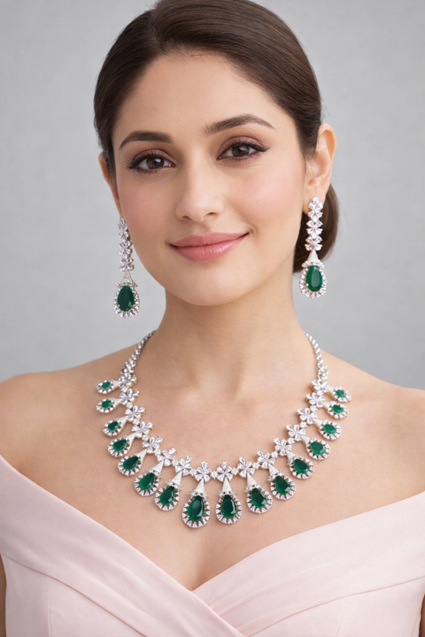 Elegant American Diamond Silver Plated Necklace with Earrings (D1037)