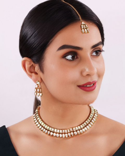 Designer Two Layer White Kundan Necklace with Earrings (D203)