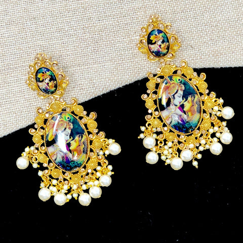 Radha Krishna Figure Earrings in Gold Tone