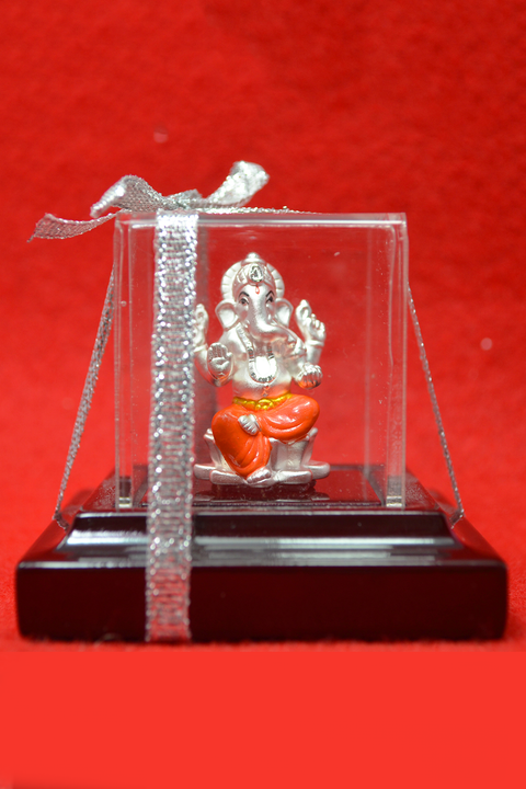 999 Pure Silver Small Square Ganesha Idol in Orange