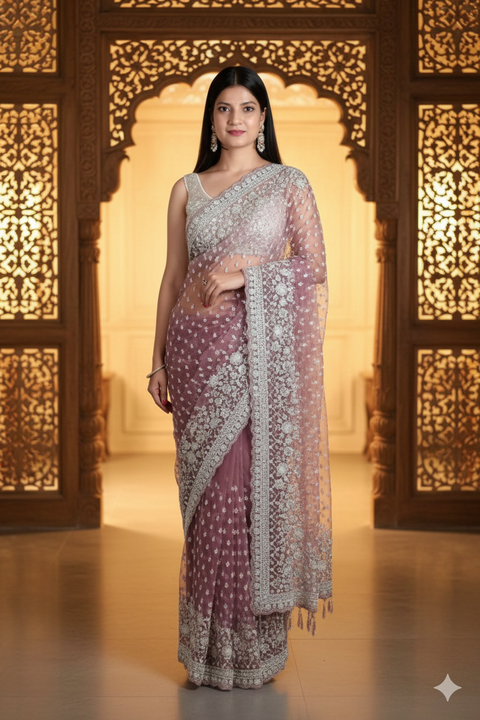 Bollywood Style Mauve Net & Cutdana Work Saree for Women (D918)