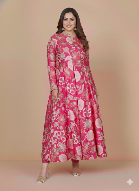 Indo Western Plus Size 2PC set with Vertican Dress with Hand Work at Neck and Sleeves and Roman Silk Palazzo (D1688)