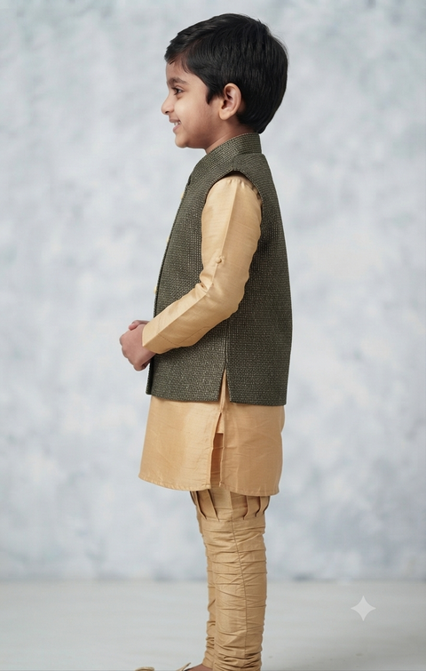 Boys Cotton Kurta & Pajama with Waistcoat in Golden Color