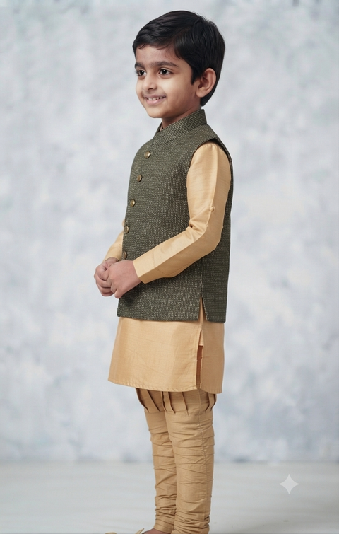 Boys Cotton Kurta & Pajama with Waistcoat in Golden Color