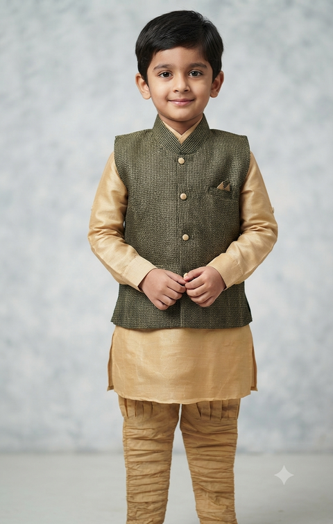 Boys Cotton Kurta & Pajama with Waistcoat in Golden Color