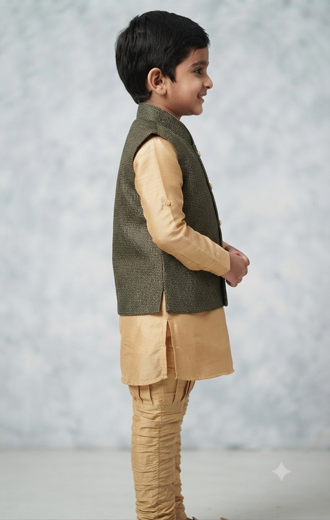 Boys Cotton Kurta & Pajama with Waistcoat in Golden Color