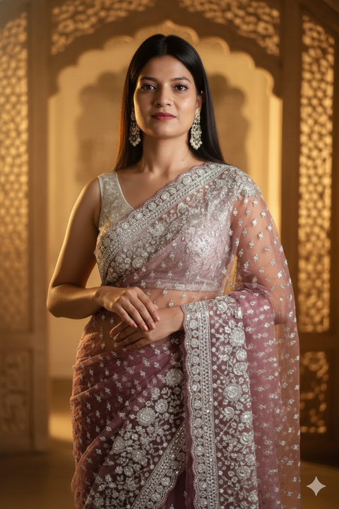 Bollywood Style Mauve Net & Cutdana Work Saree for Women (D918)