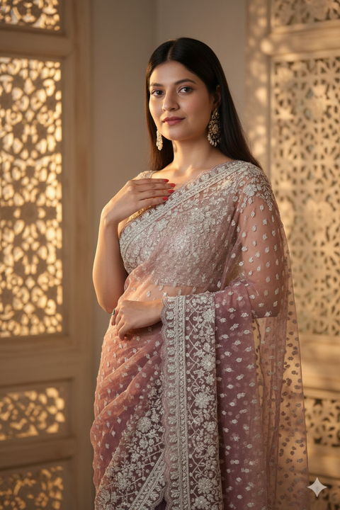 Bollywood Style Mauve Net & Cutdana Work Saree for Women (D918)