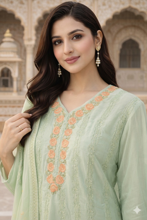 Light Green Colour Suit Pant & Dupatta Set With Embroidery Work (D1799)