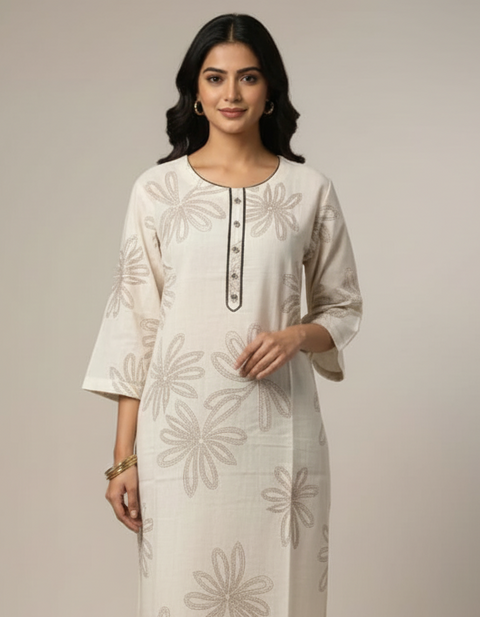 Cream Colour Cotton Printed  Long Kurti for Women (D1803)