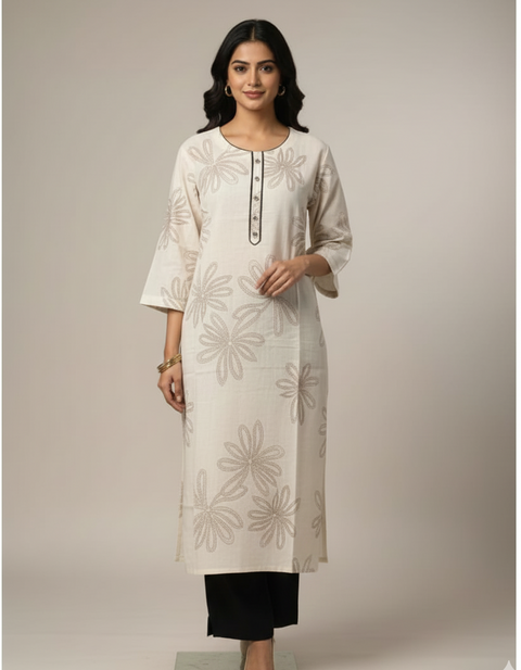 Cream Colour Cotton Printed  Long Kurti for Women (D1803)