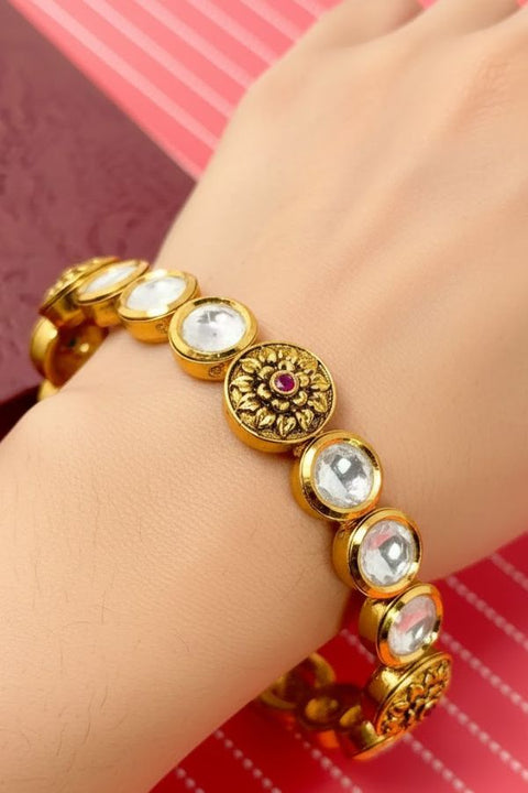 Gold Plated Kundan Openable Bracelet (Design 9)