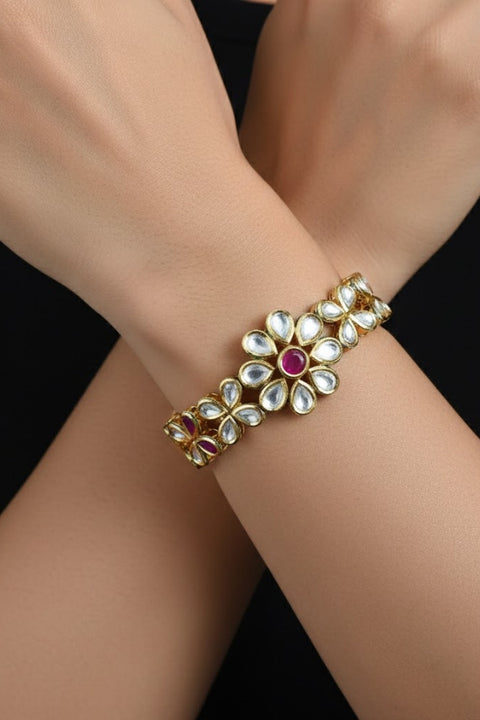 Red Gold Plated Kundan Work Openable Bracelet (Design 82)