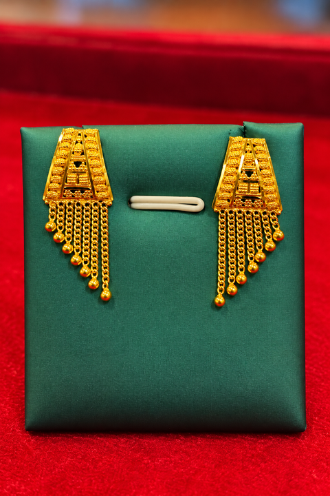 22 KT Traditional Gold-Tone Textured Triangle Design Chain Tassel Earrings(D154)