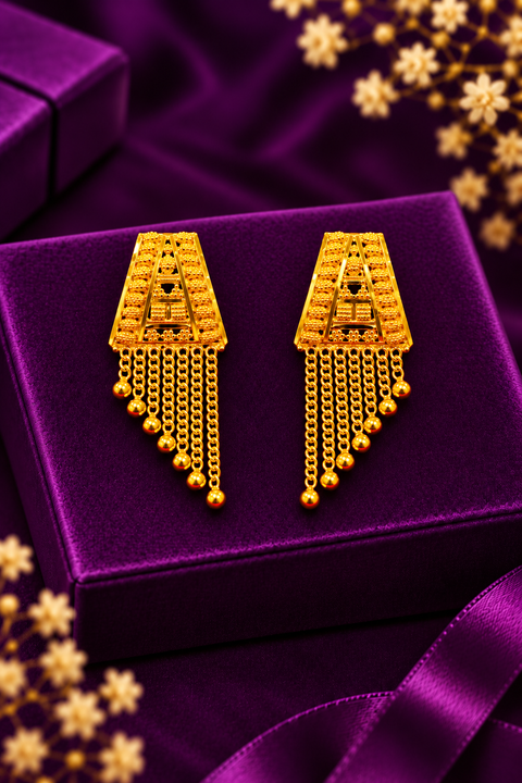 22 KT Traditional Gold-Tone Textured Triangle Design Chain Tassel Earrings(D154)