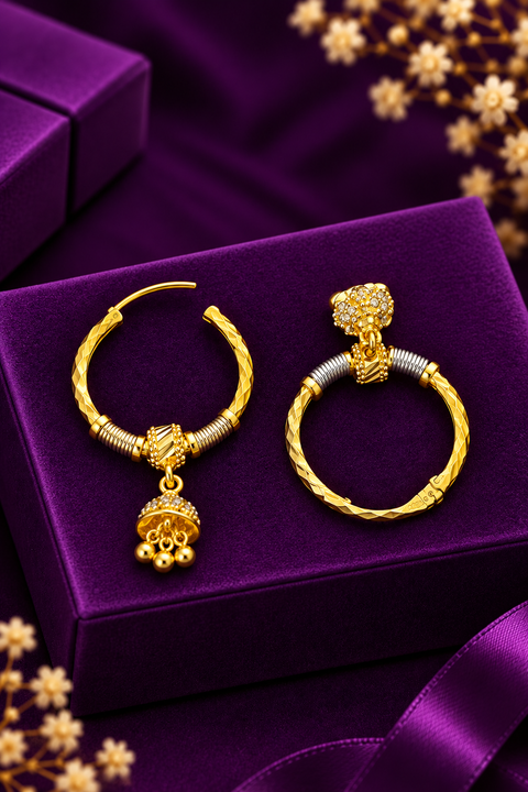 22KT Gold Designer Hoop Earrings with Traditional Jhumka Drops (D150)