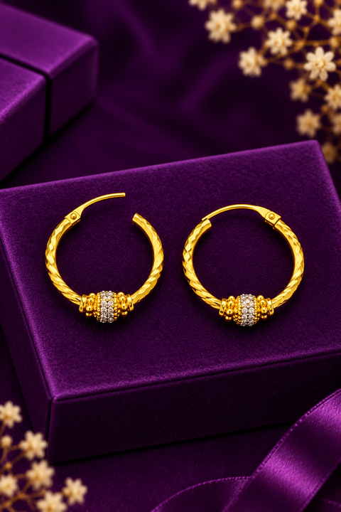22KT Gold Designer Hoop Earrings with Two-Tone Bead Detail (D152)
