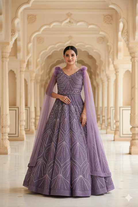 Designer Light Purple Sequins Embroidered Net Reception Gown (D10)