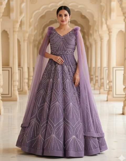 Designer Light Purple Sequins Embroidered Net Reception Gown (D10)