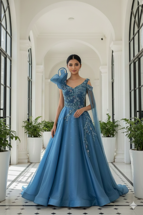 Elegant Denim Blue Organza Embroidered Round Flared Gown For Party Wear (D125A)