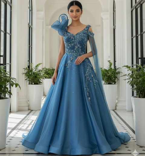 Elegant Denim Blue Organza Embroidered Round Flared Gown For Party Wear (D125A)