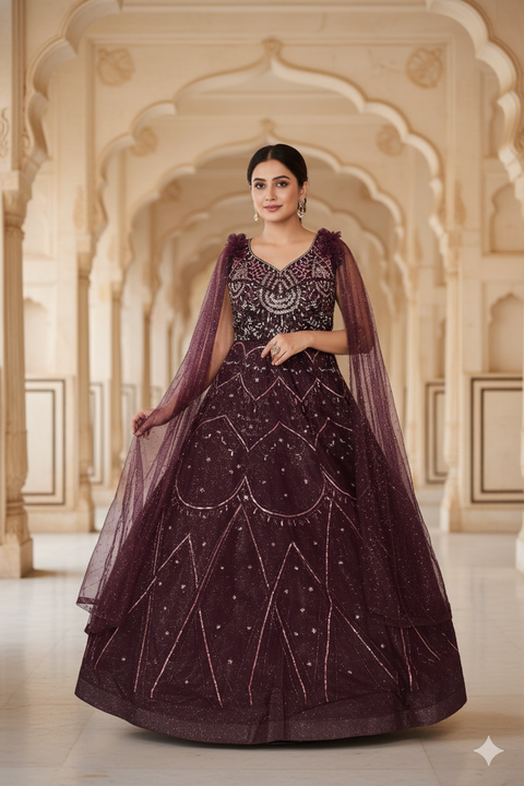 Designer Wine Color Sequins Embroidered Net Party Wear Gown (D12)