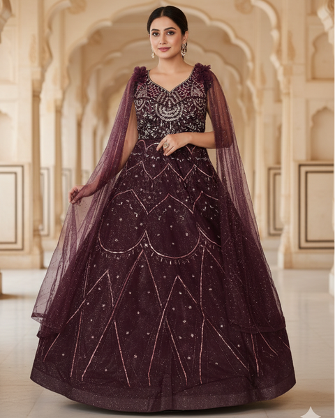 Designer Wine Color Sequins Embroidered Net Party Wear Gown (D12)